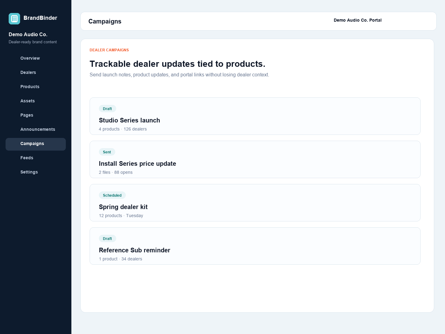 BrandBinder dealer campaign list in a fictional demo workspace