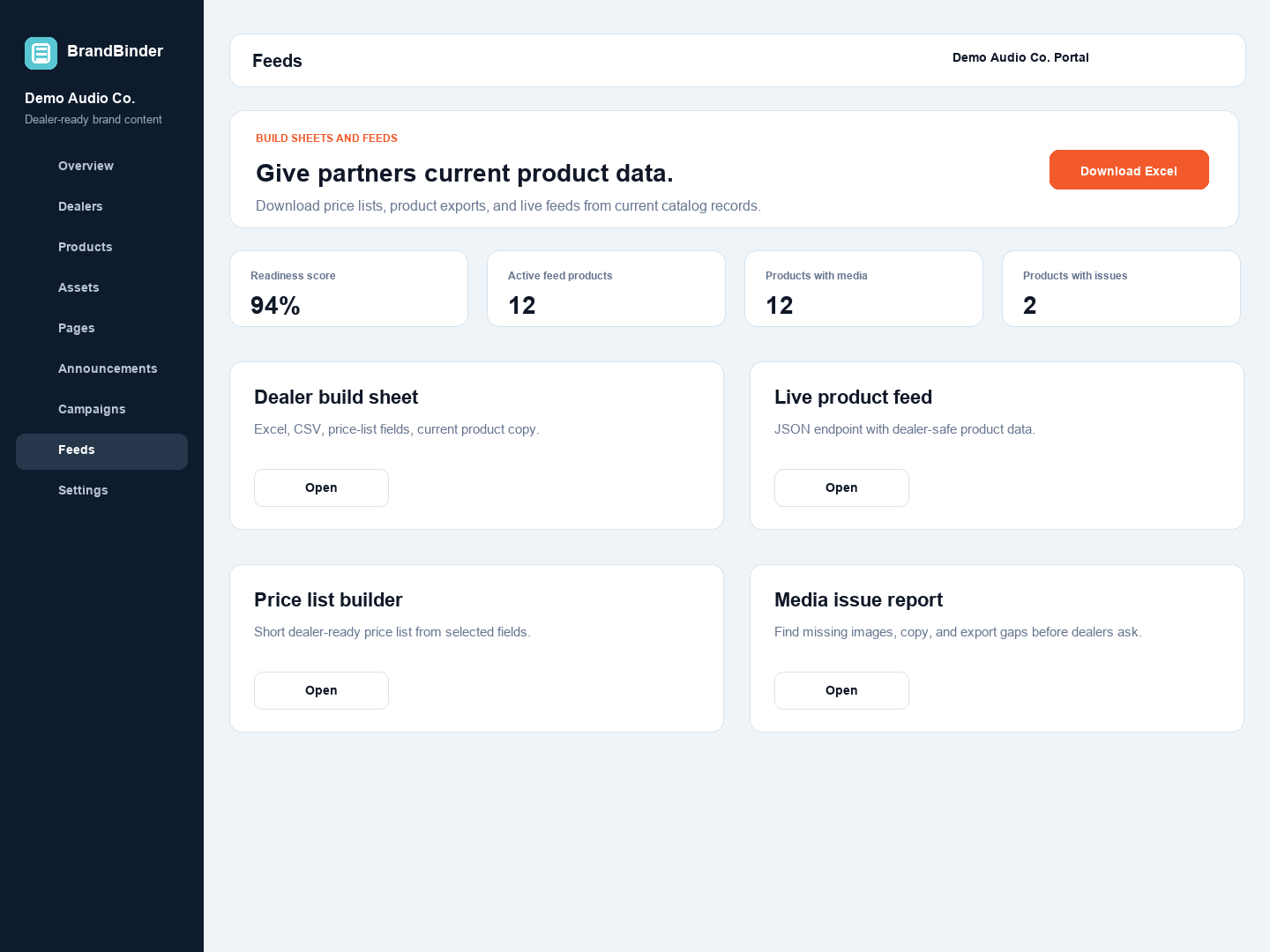BrandBinder feeds admin page