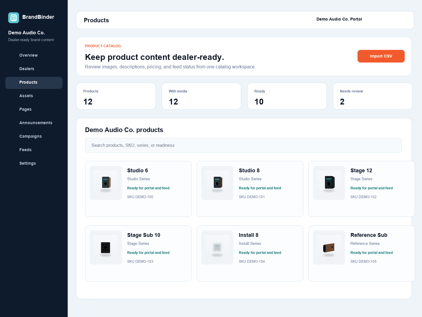 BrandBinder brand product list in a fictional demo workspace