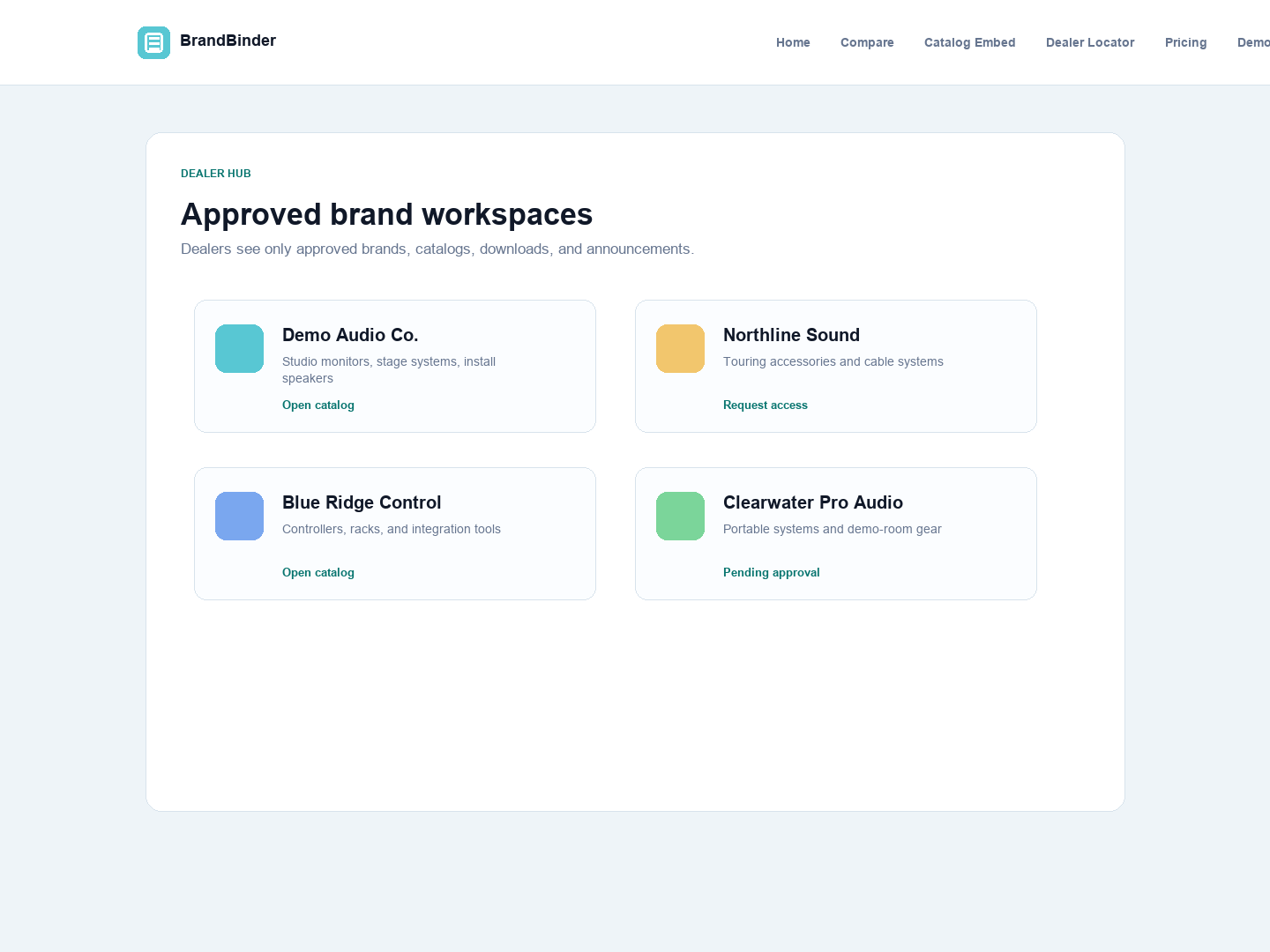 Dealer hub showing approved brand workspaces