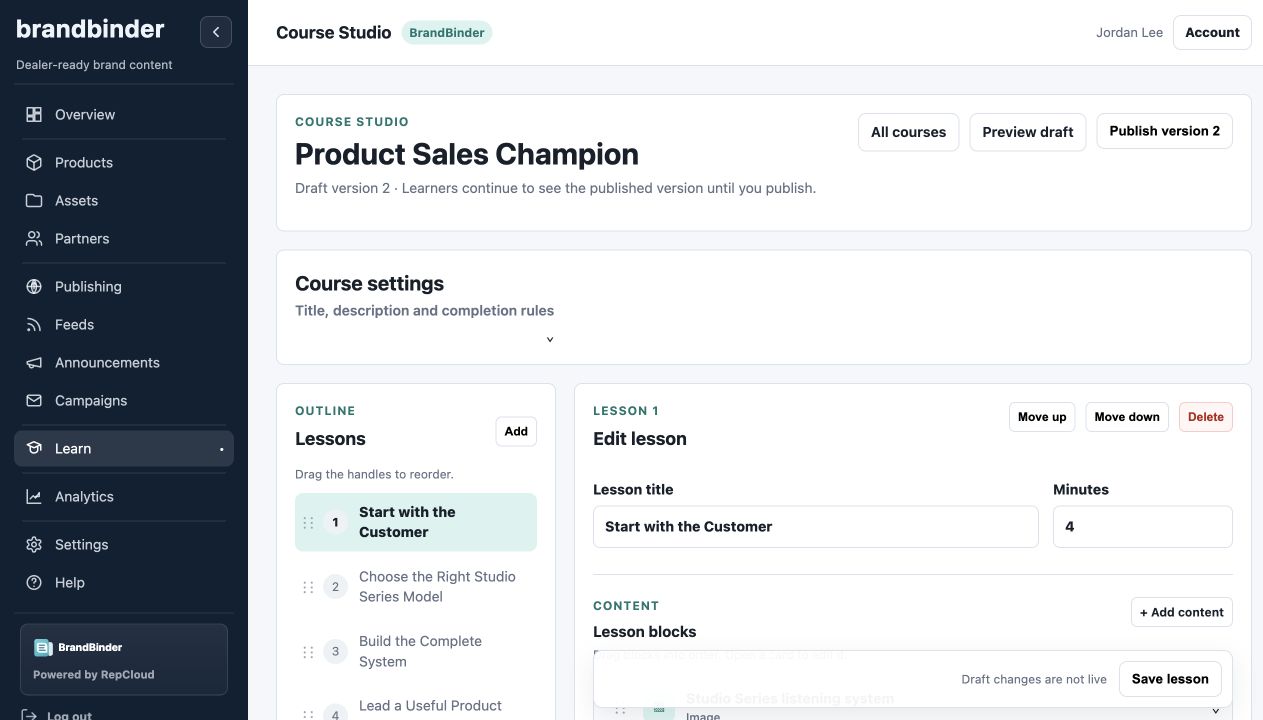 BrandBinder Learn Course Studio showing a five-lesson Product Sales Champion course