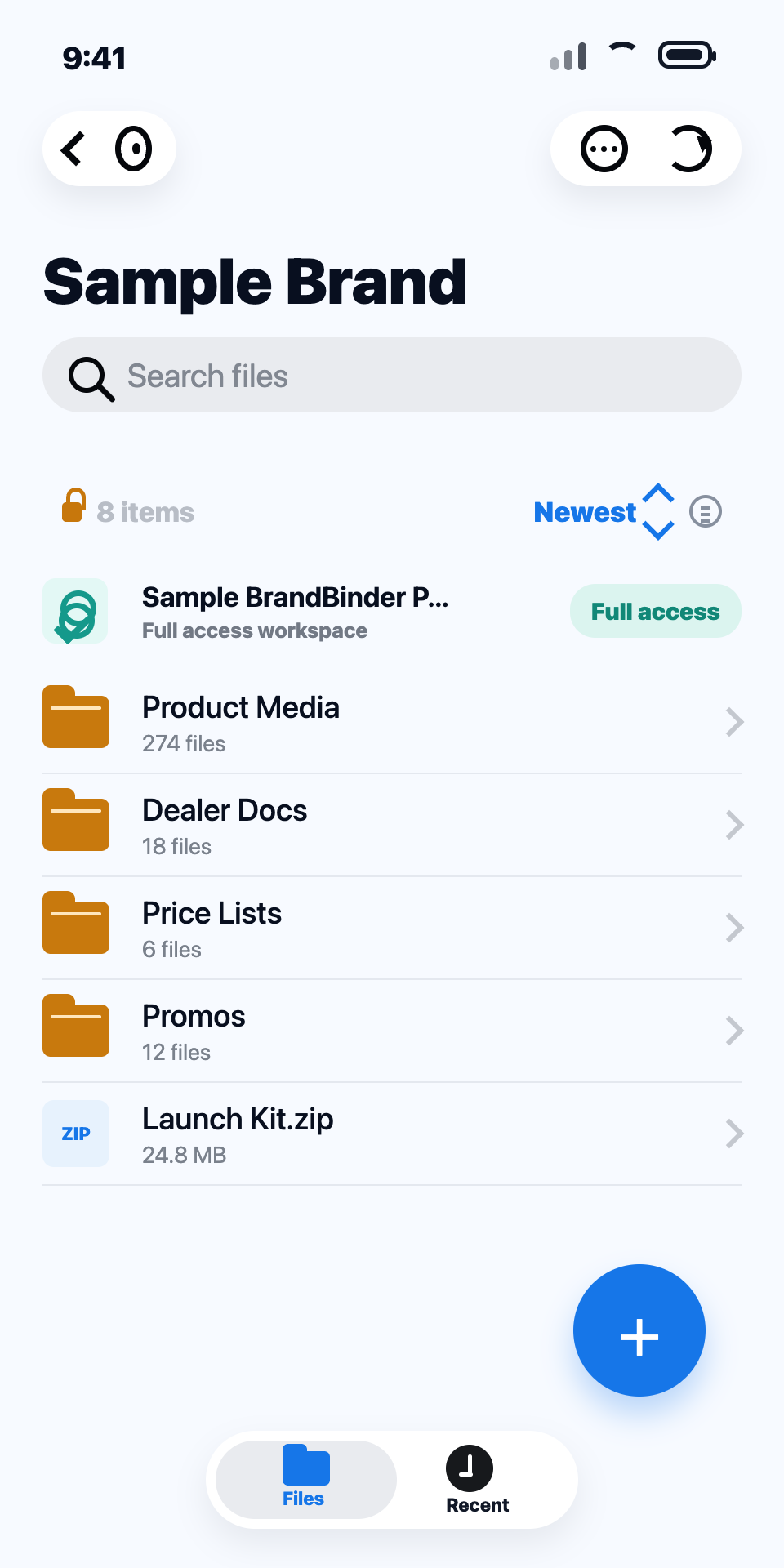 BrandBinder iPhone companion showing neutral sample folders and approved files