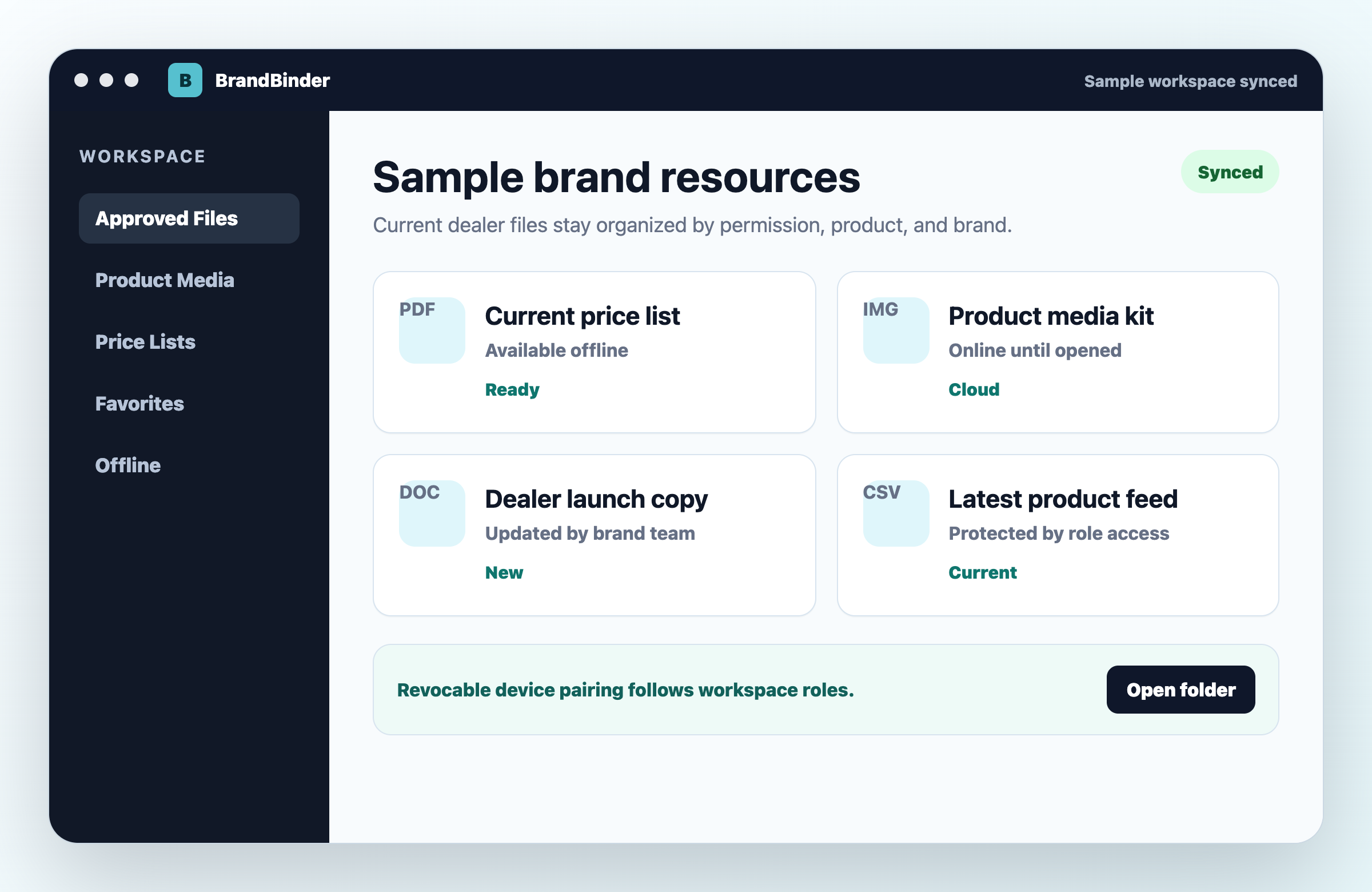 BrandBinder Mac companion showing approved sample resources