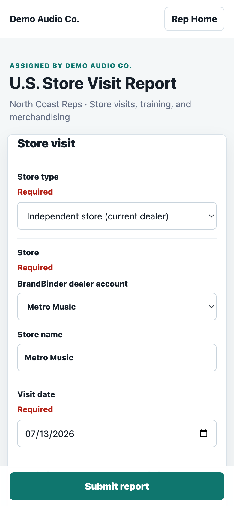 BrandBinder mobile store visit report for Metro Music